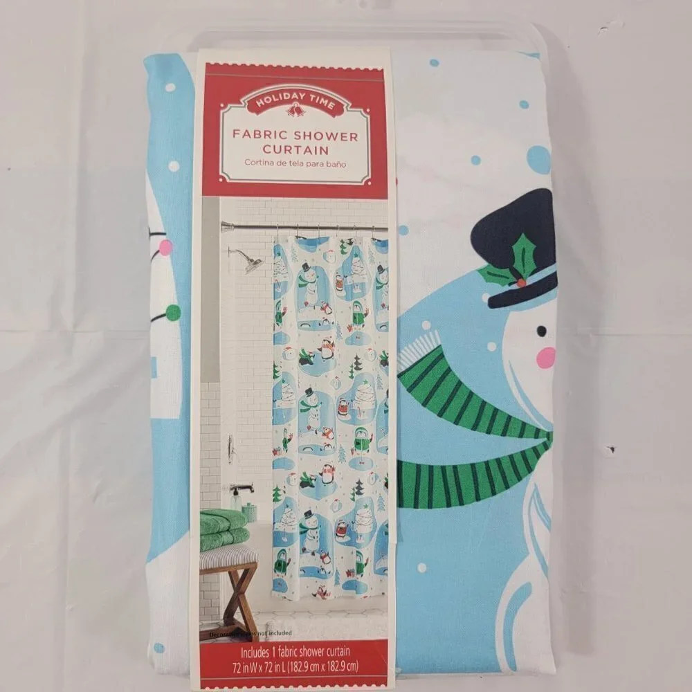 Snowman Blue Printed Christmas Fabric Shower Curtain - Size 72”x72”